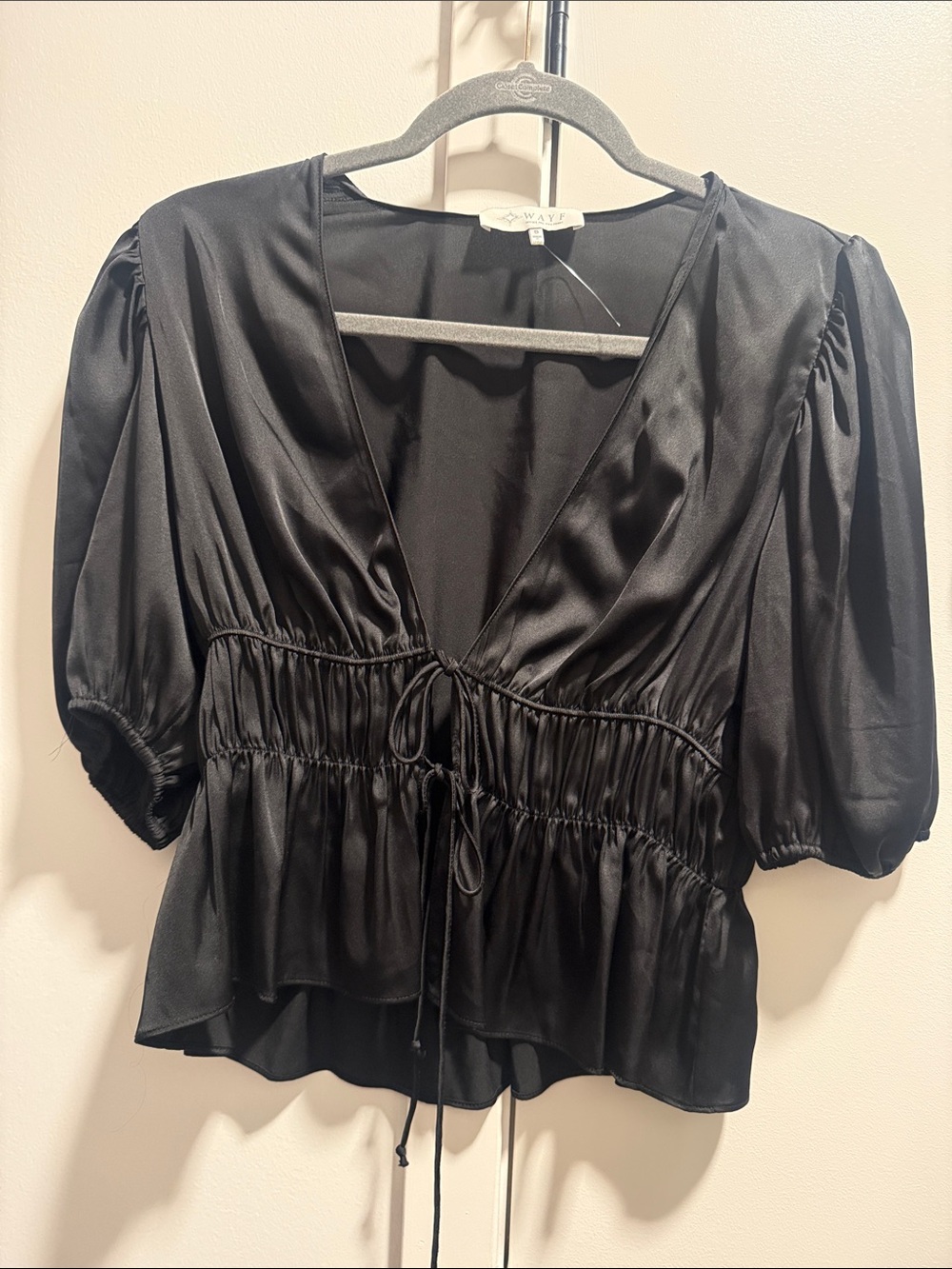 Wayf Black Satin Peplum V-Neck Tie Blouse